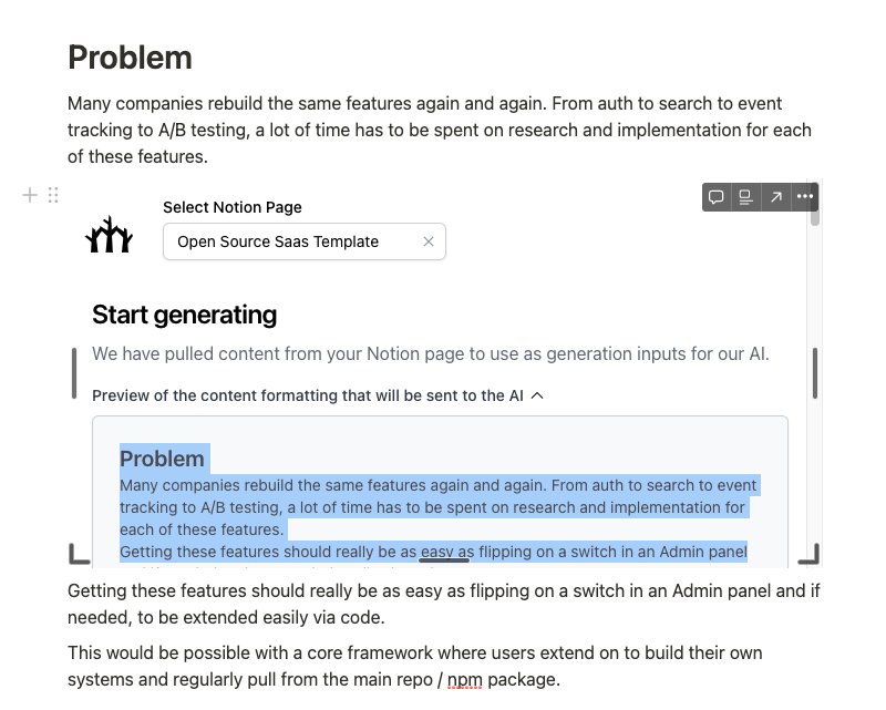 Screenshot of pulling content from Notion for generation